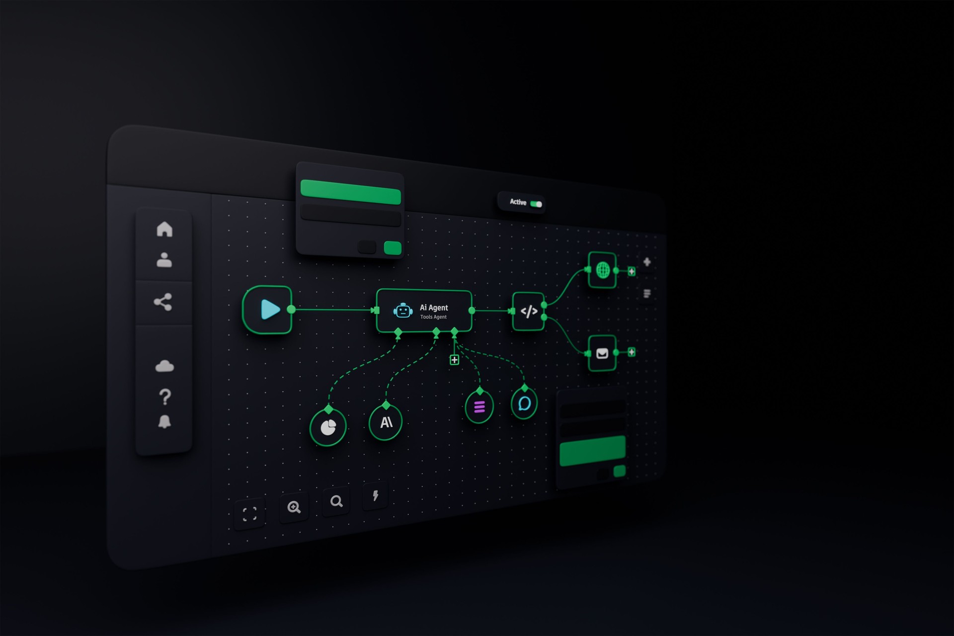 AI workflow automation artificial intelligence software interface nodes triggers data tool dashboard coding icon flow process technology 3d rendering.